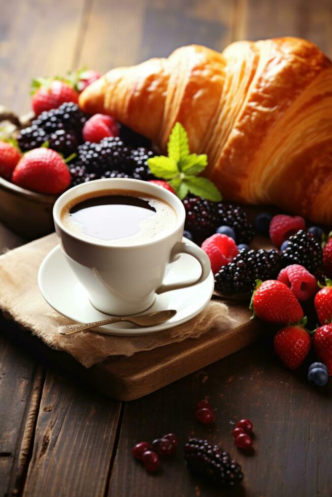 ai generiert ein köstlich Frühstück Tableau mit Croissants, Beeren, und dämpfen Kaffee foto