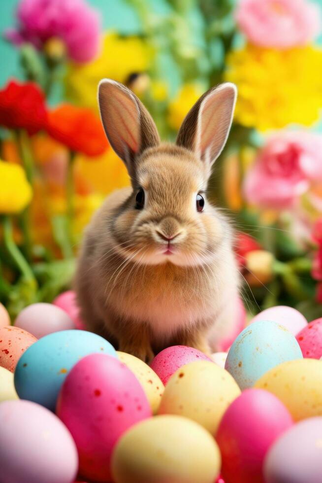 ai generiert beschwingt Ostern Hintergrund, Eier, und ein bezaubernd Hase, Erstellen froh und festlich Stimmung foto