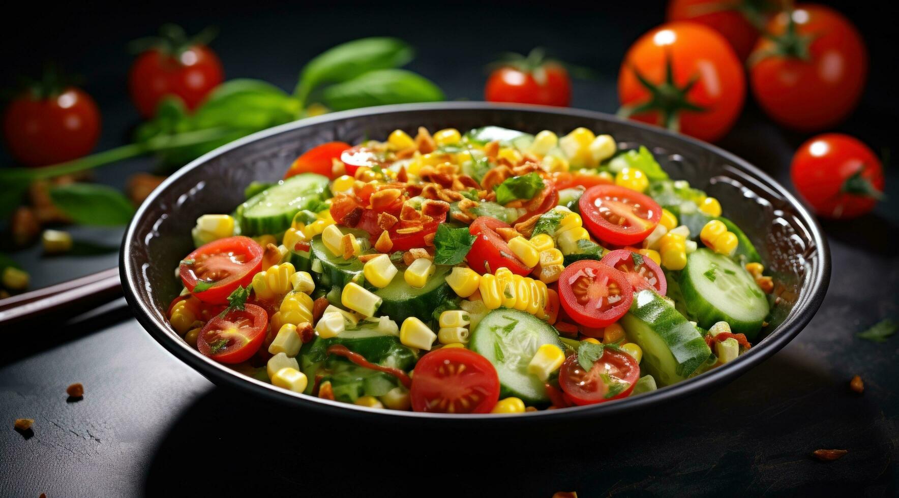 ai generiert Salat von Tomaten, Gurke und Mais mit Dressing foto