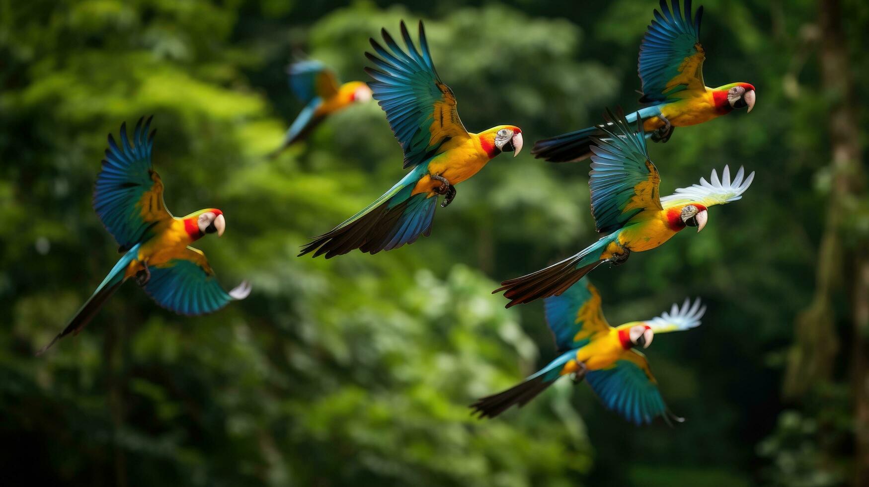 ai generiert ein Herde von Papageien im Flug, ihr beschwingt Gefieder kontrastieren gegen das üppig Grün Laub foto