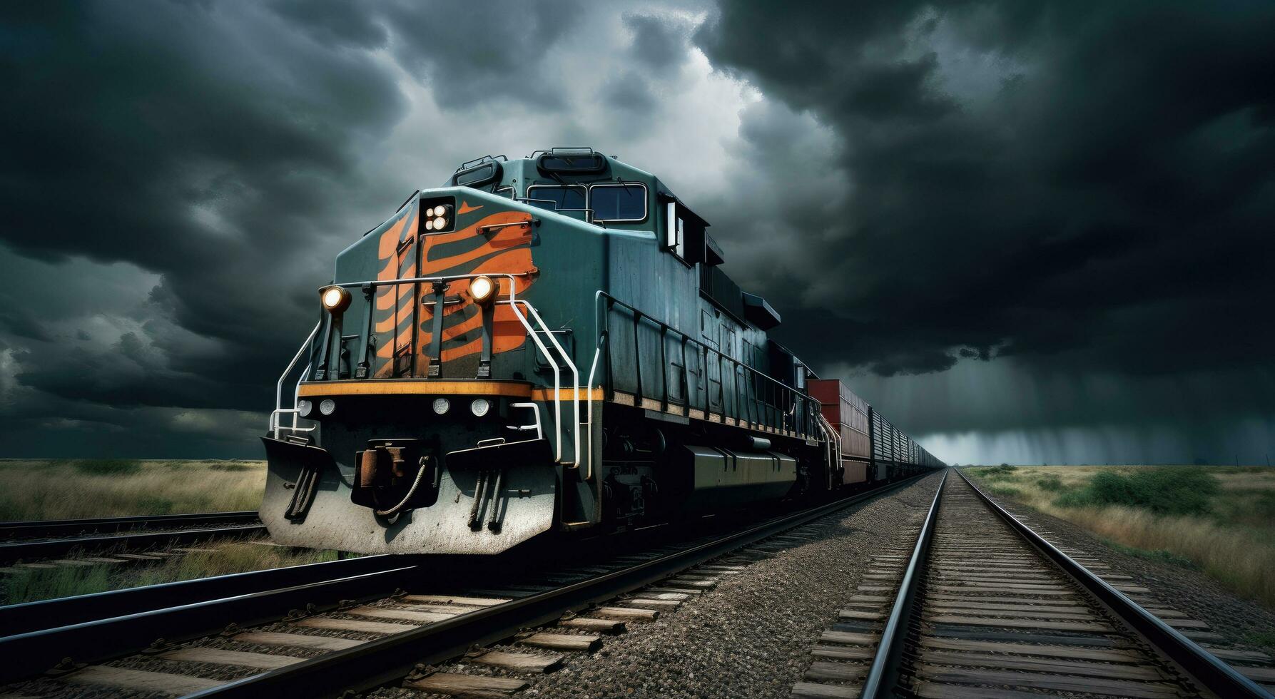 ai generiert ein Fracht Zug Reisen Nieder ein Eisenbahn Spur mit dunkel Wolken hinter es foto
