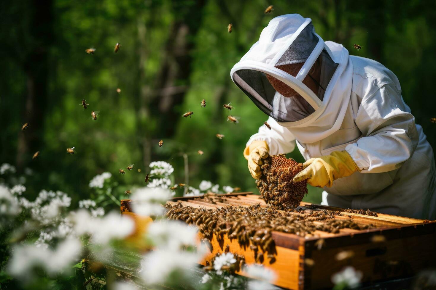ai generiert Imker Arbeiten im das Bienenhaus, Imker Arbeiten mit Ihre Bienen zu leisten Süss Honig, ai generiert foto