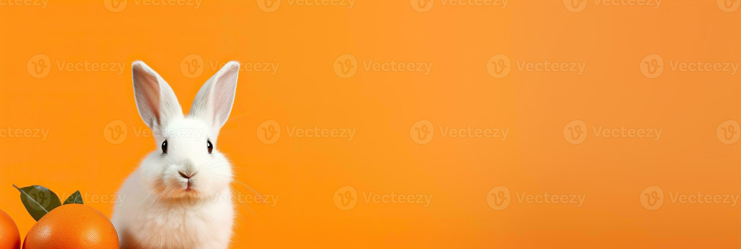 ai generiert Weiß flauschige Hase auf Orange Hintergrund mit Orangen. Porträt von ein Hase mit Raum zum Text. Ostern Banner mit Weiß Hase und Eier auf Orange Hintergrund. glücklich Ostern Konzept. foto