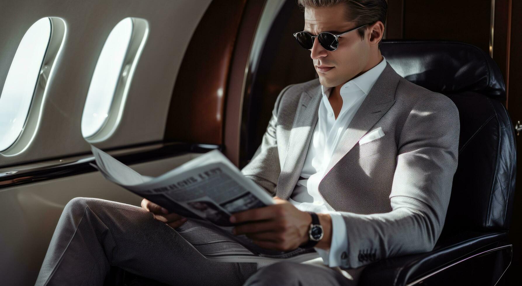ai generiert Mann Sitzung auf das Sitz von seine Flugzeug im Sonnenbrille lesen ein Zeitung foto