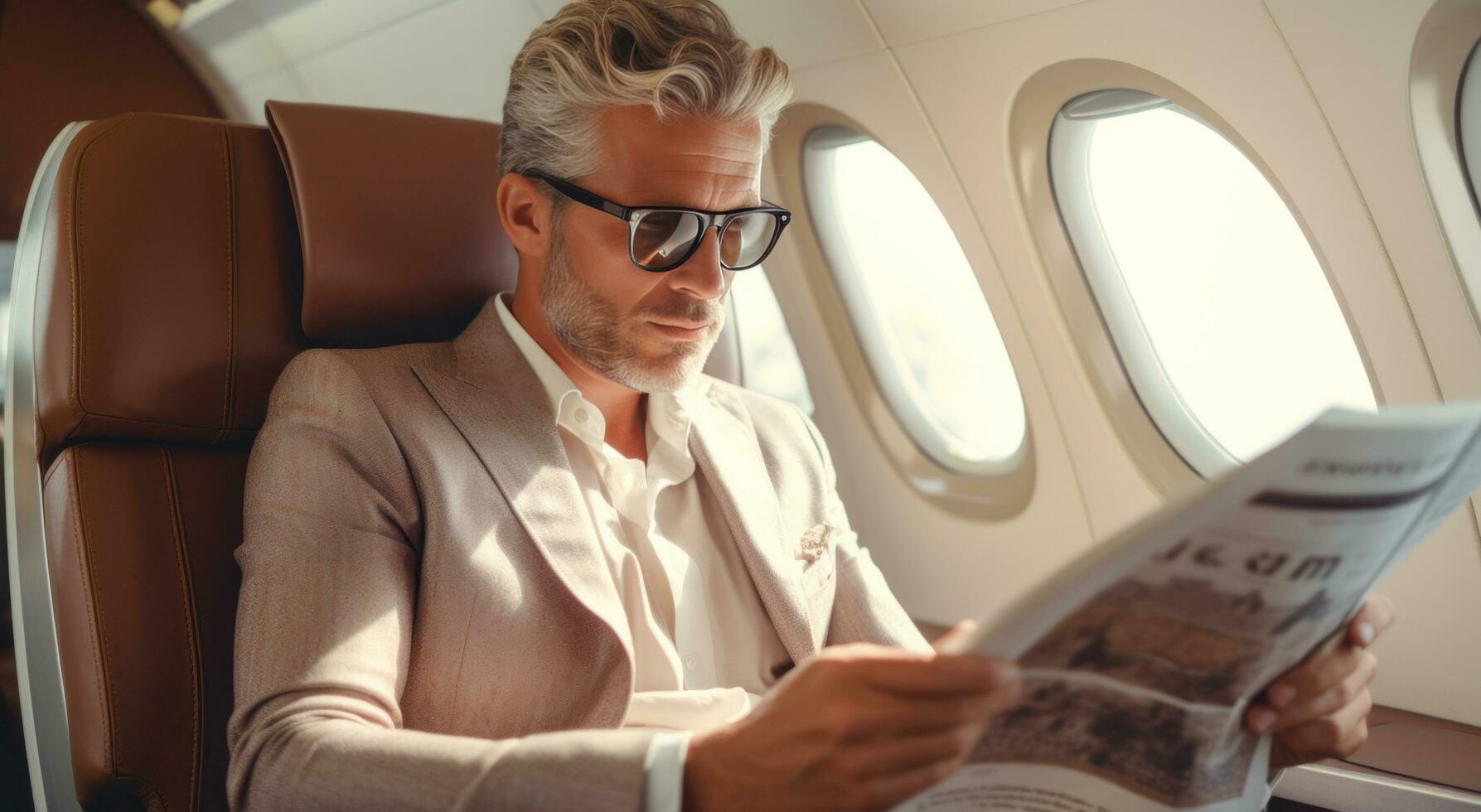 ai generiert Person tragen Brille sitzt im das Flugzeug lesen ein Zeitung foto