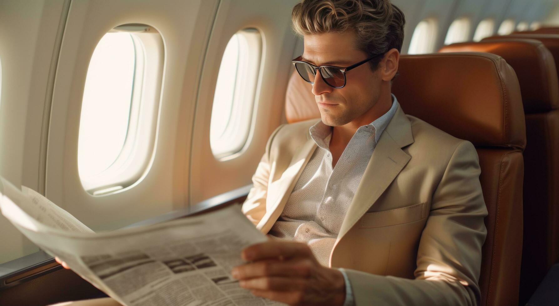 ai generiert Person tragen Brille sitzt im das Flugzeug lesen ein Zeitung foto