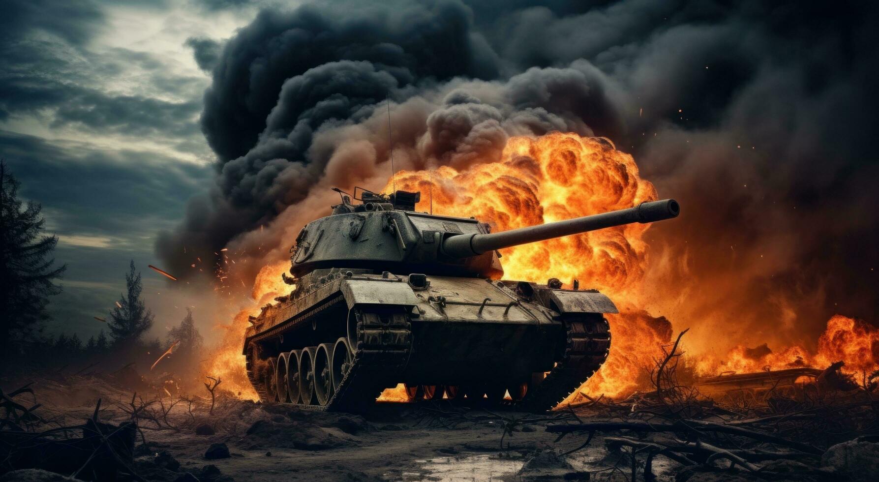 ai generiert das Panzer weht Flammen und Rauch auf zu das Boden foto