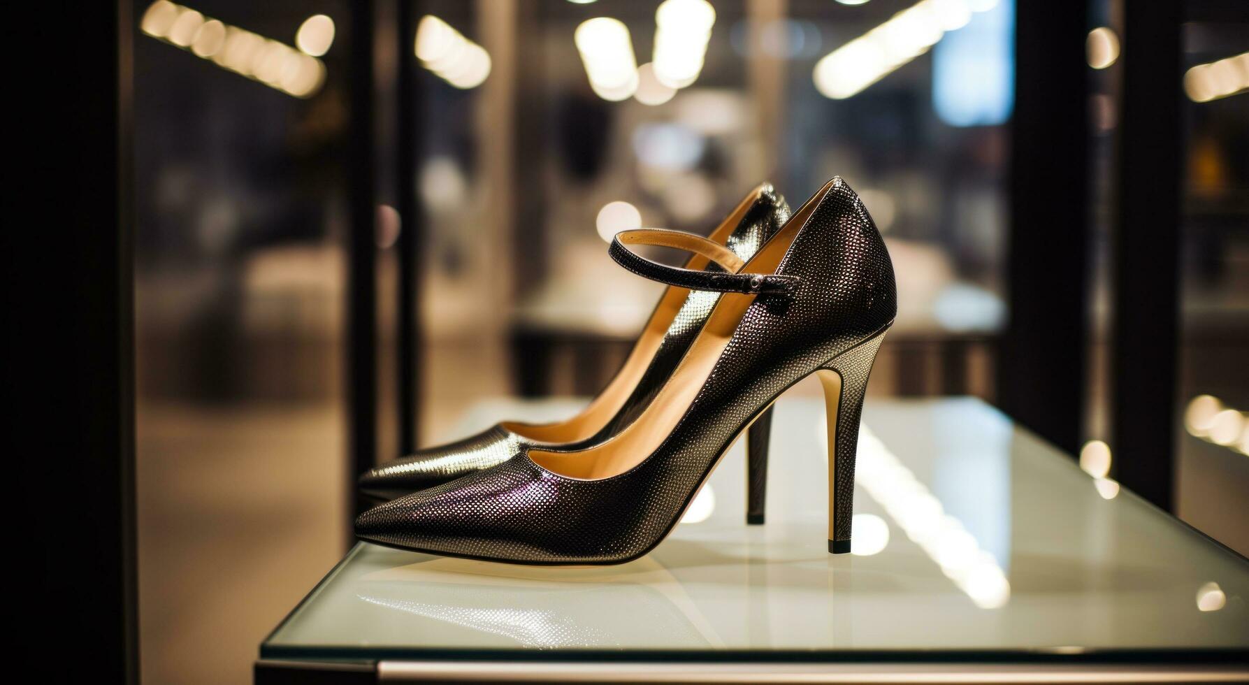 ai generiert hoch Hacke schwarz Schuhe im Kleiderschrank beim ein Mode Boutique im ein Mode Kreis foto