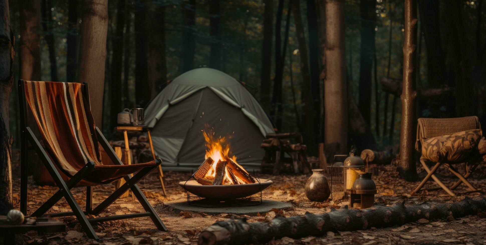 ai generiert das Lagerfeuer im das Wald mit Zelt um es und ein Stuhl, foto