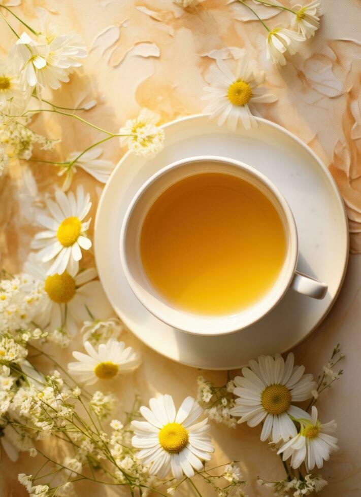 ai generiert etwas Kamille Tee und Blumen foto