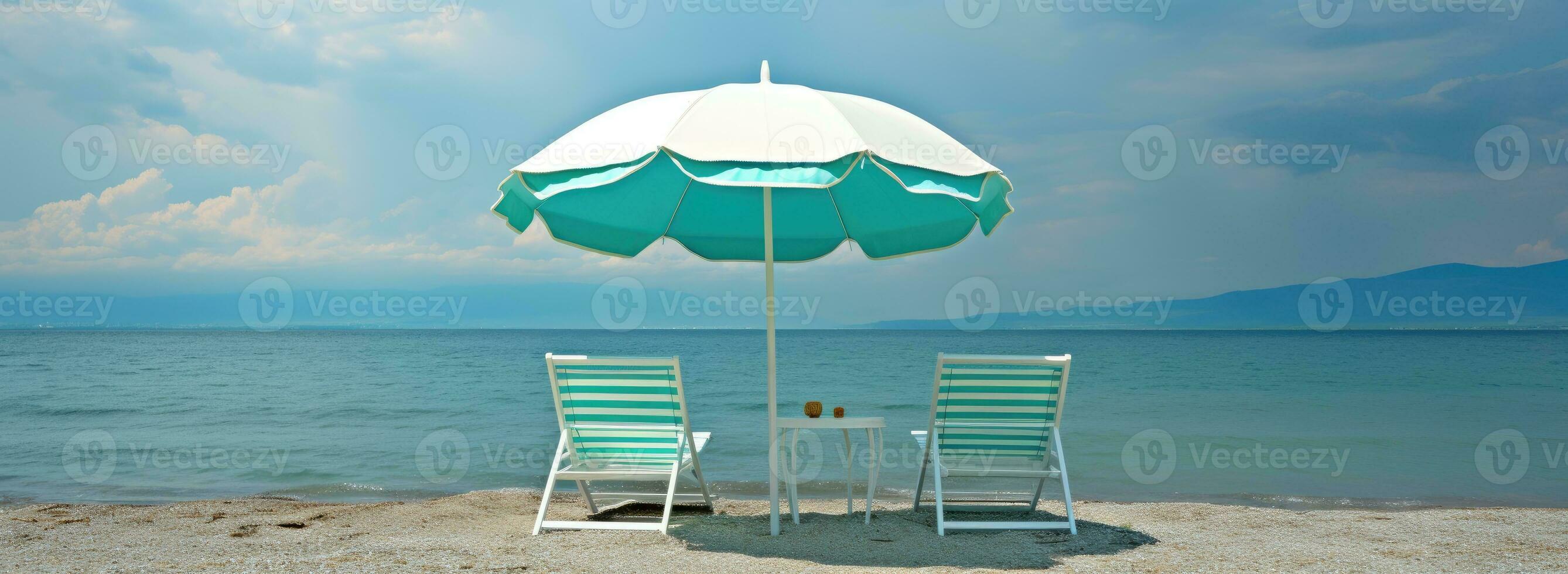 ai generiert Strand Szene von Stühle unter ein Regenschirm im das Sand foto