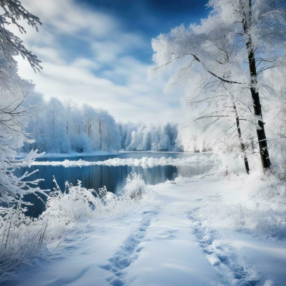 ai generiert ein malerisch Winter Landschaft mit schneebedeckt Bäume und ein gefroren See foto