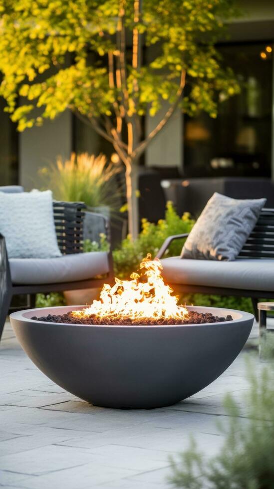 ai generiert schön entworfen draussen Terrasse Bereich mit modern Möbel, eingetopft Pflanzen, und ein gemütlich Feuer Grube. foto