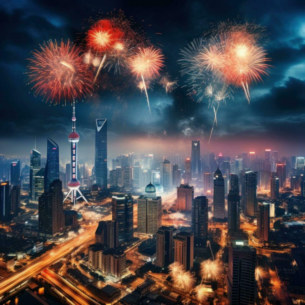 ai generiert ein atemberaubend Feuerwerk Anzeige Beleuchtung oben das Nacht Himmel über ein Stadt Horizont foto