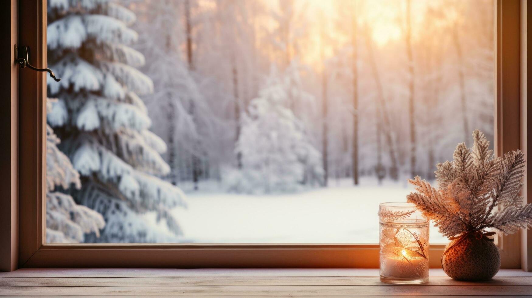 ai generiert ein schneebedeckt Landschaft ist sichtbar durch ein Fenster, mit ein warm und einladend Innere sichtbar im das Vordergrund foto