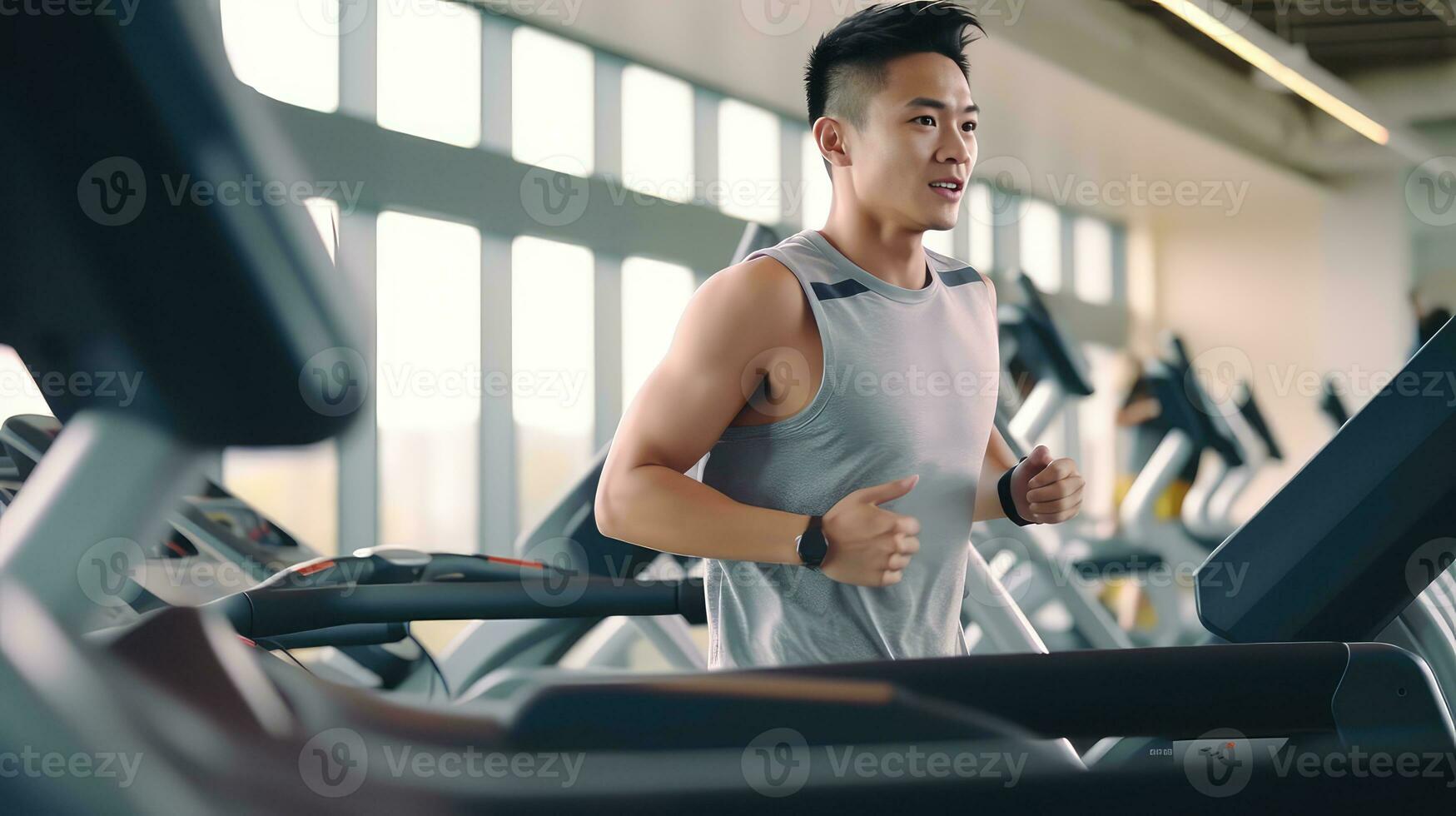 ai generiert gut aussehend jung muskulös Koreanisch Mann Arbeiten aus im das Fitnessstudio, Cardio Routinen foto