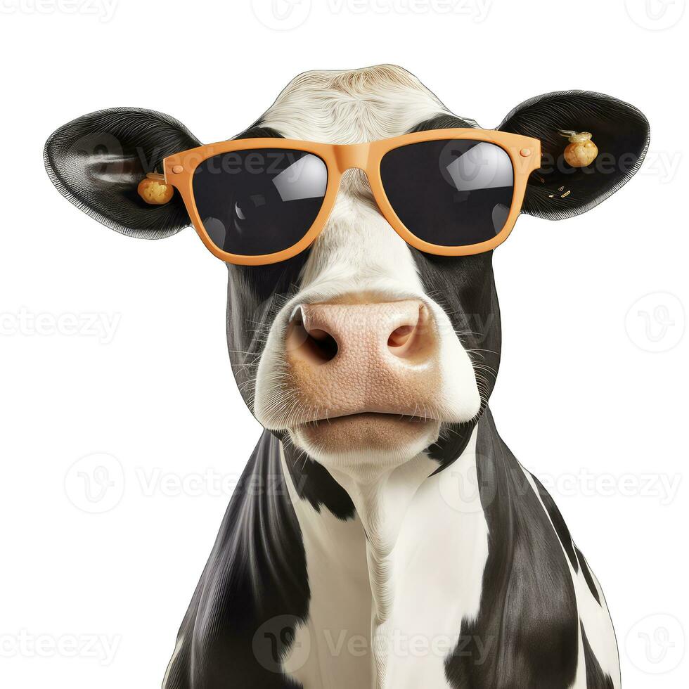 ai generiert Porträt von ein Kuh mit Sonnenbrille isoliert auf ein Weiß Hintergrund. foto