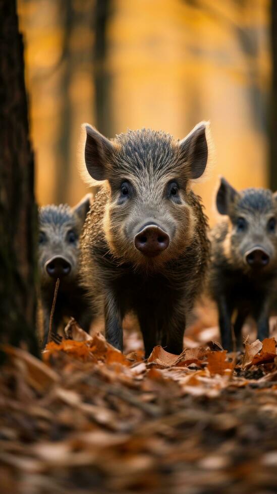 ai generiert ein Familie von wild Eber Nahrungssuche durch das Wald Boden, ihr unverwechselbar Schnauzen und borstig Pelz auf voll Anzeige foto