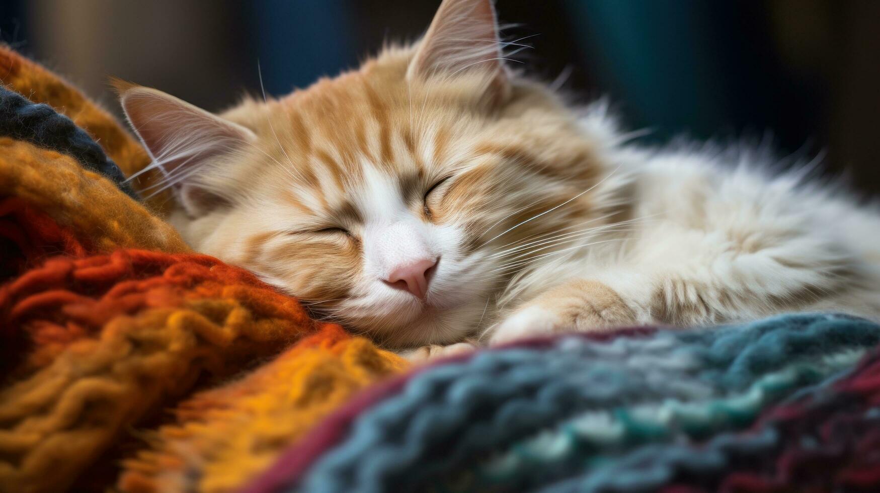 ai generiert ein Weiß Katze Schlafen auf ein Stapel von bunt stricken Decken und Kissen foto