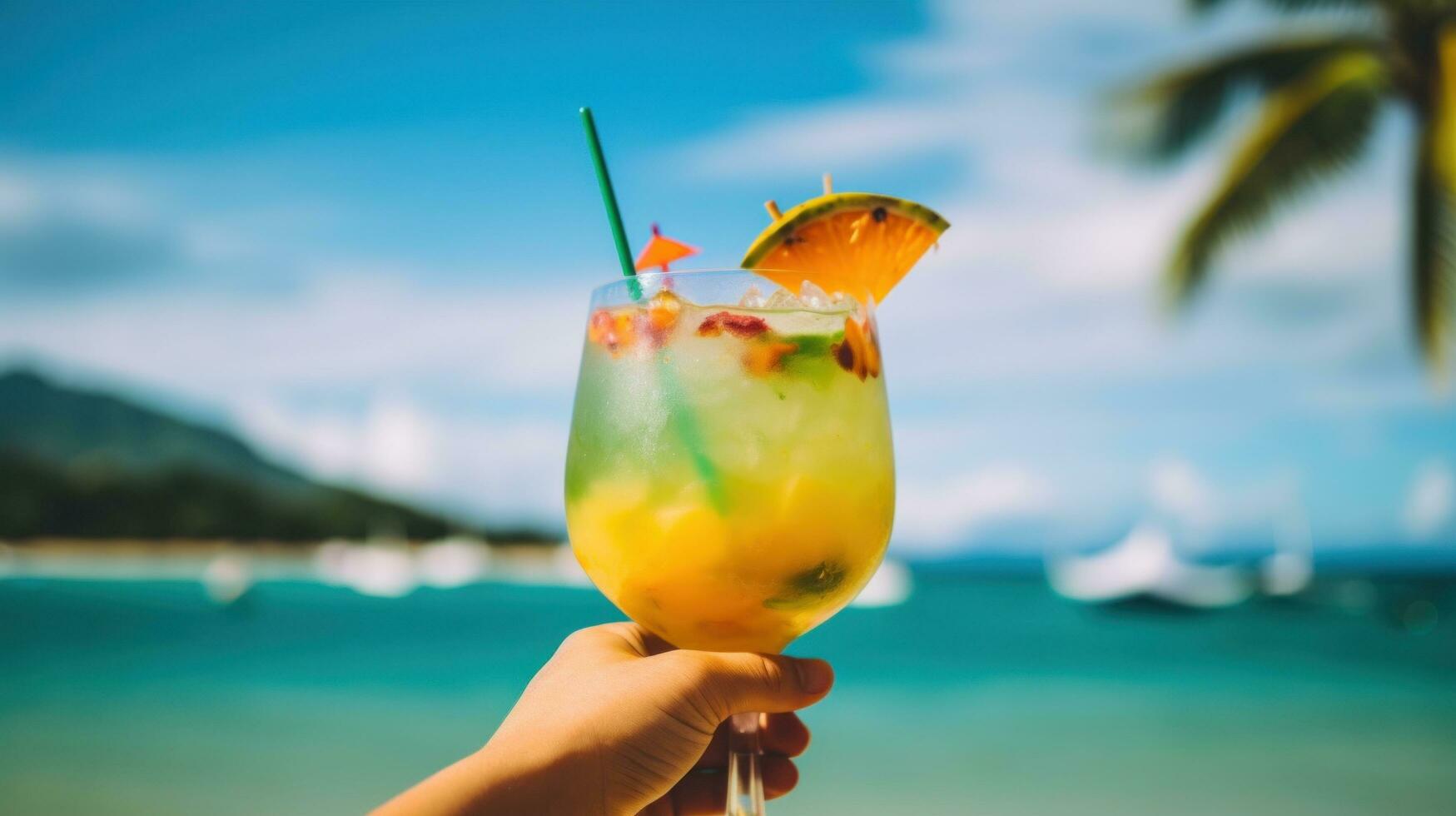 ai generiert Hand halten ein bunt Cocktail Glas mit ein tropisch Strand Hintergrund foto