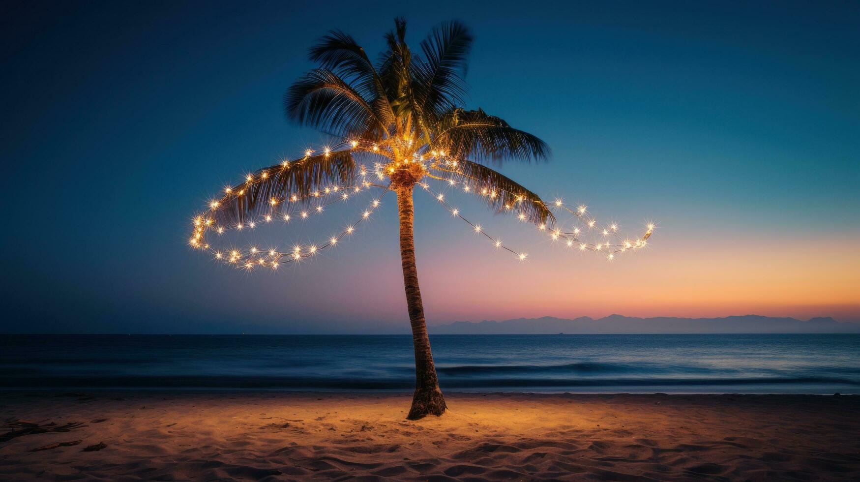ai generiert ein Single Palme Baum auf ein Strand, eingewickelt im ein Zeichenfolge von Licht Birne Girlanden. foto