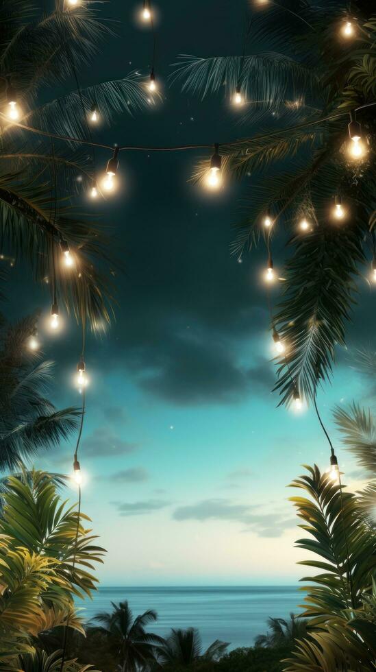 ai generiert Strand Party mit Palme Bäume und Licht Birne Girlanden. foto