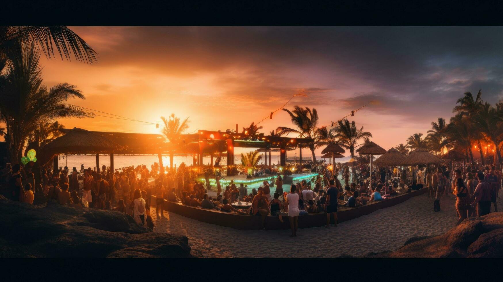 ai generiert Strand Bar mit hell Beleuchtung und lebhaft Musik, umgeben durch Palme Bäume und Menschen genießen das Party. foto