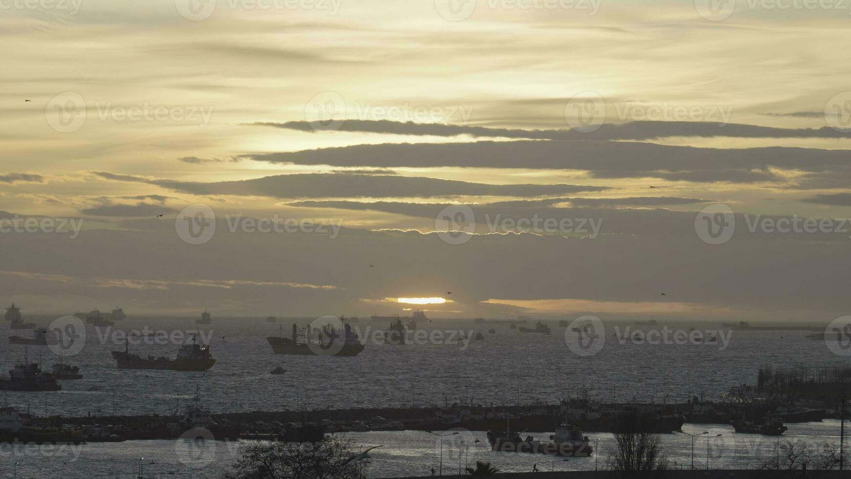 Meer Hafen zum Ladung Schiffe auf Hintergrund von Sonnenuntergang. Aktion. viele anders Schiffe schweben im Meer aus Küste beim Sonnenuntergang. Meer Versand Hafen mit Möwen auf Hintergrund von Sonnenuntergang Horizont foto
