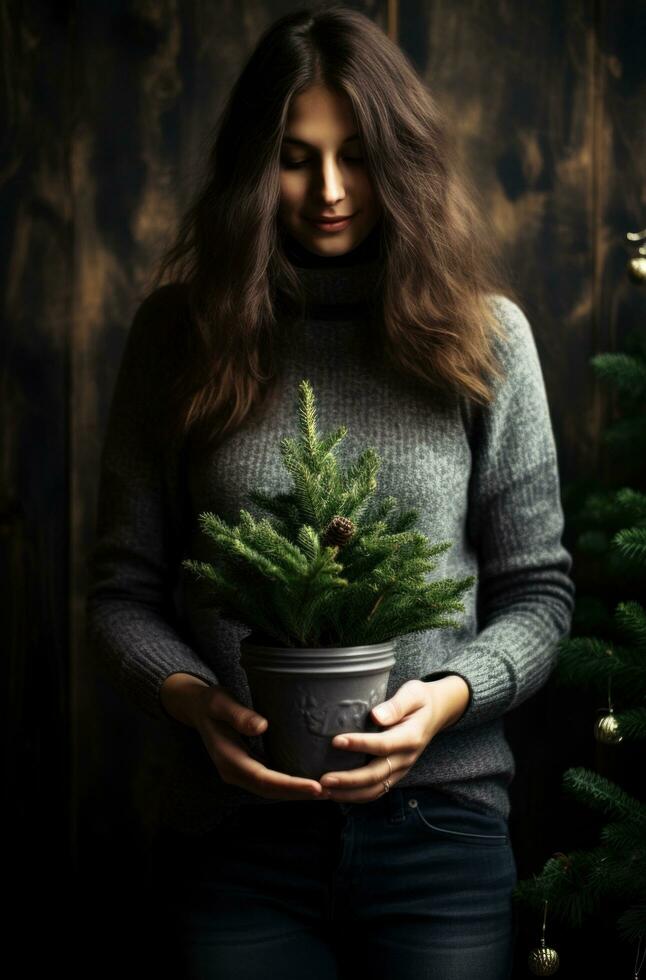 ai generiert ein jung Dame ist halten ein klein Topf von Weihnachten Baum foto