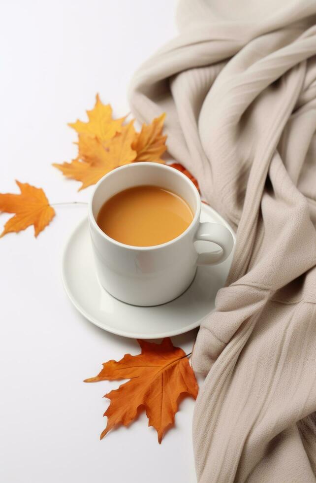 ai generiert ein Orange Tasse von Kaffee mit Herbst Blätter und stricken Schal im das Hintergrund foto