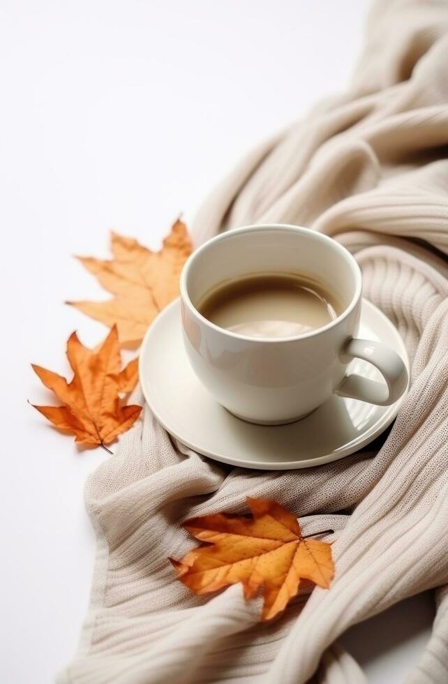 ai generiert ein Orange Tasse von Kaffee mit Herbst Blätter und stricken Schal im das Hintergrund foto