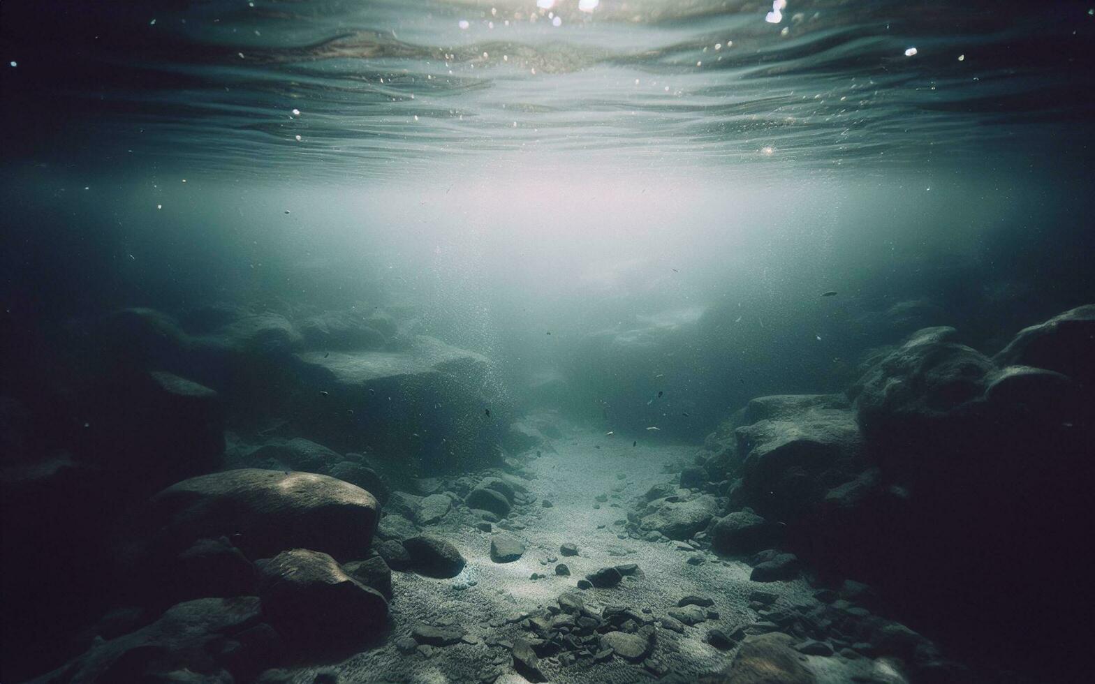 ai generiert unter Wasser Sand Fußboden Licht scheint unter Wasser klar Wasser leeren Meeresboden das Sand Oberfläche ist im das gestalten von Wellen unter das Meer foto