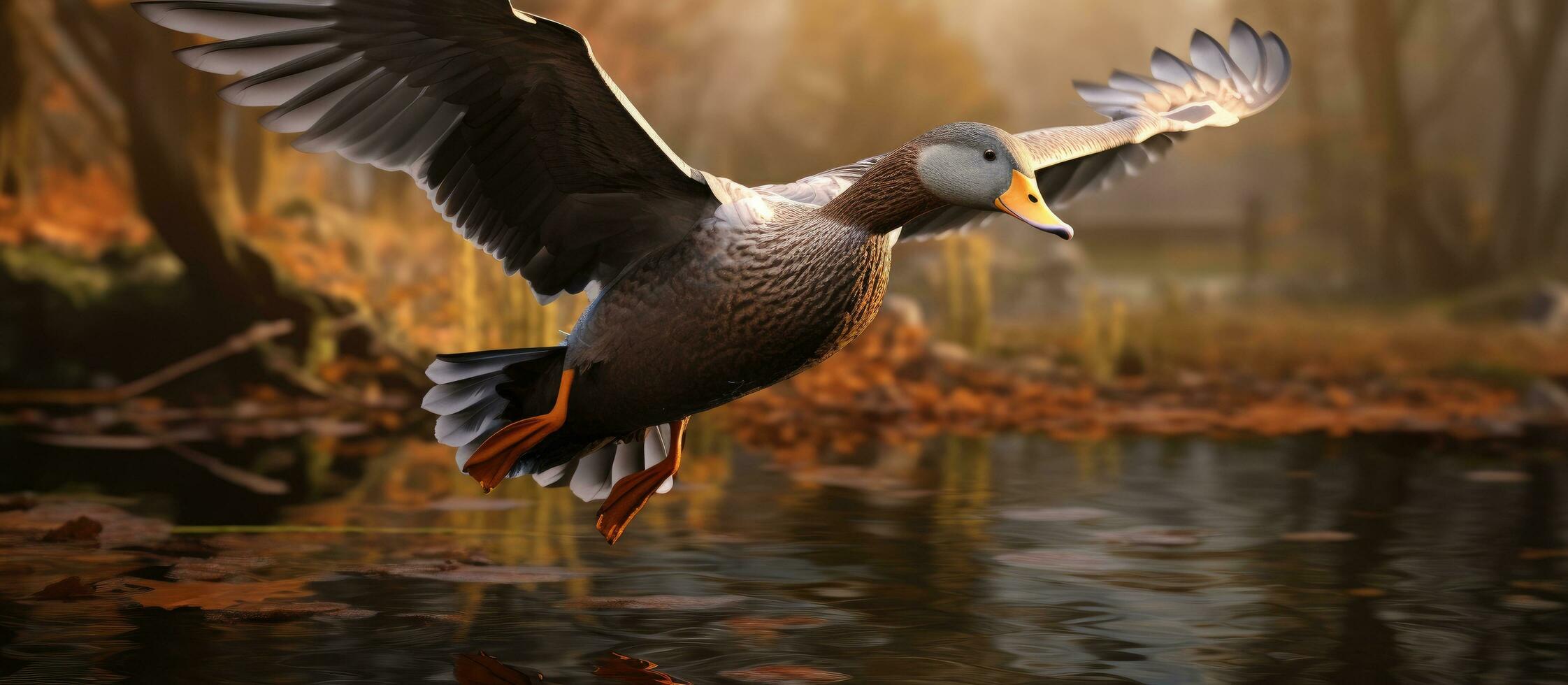 ai generiert ein schön grau Ente fliegt in der Nähe von ein Teich foto