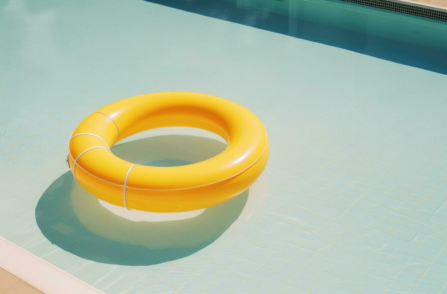 ai generiert ein groß Gelb Schwimmbad Ring ist schwebend im das Schwimmbad foto