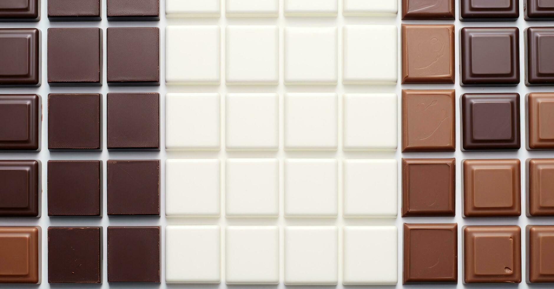 ai generiert ein Menge von Schokolade Riegel legen auf ein Weiß Hintergrund foto