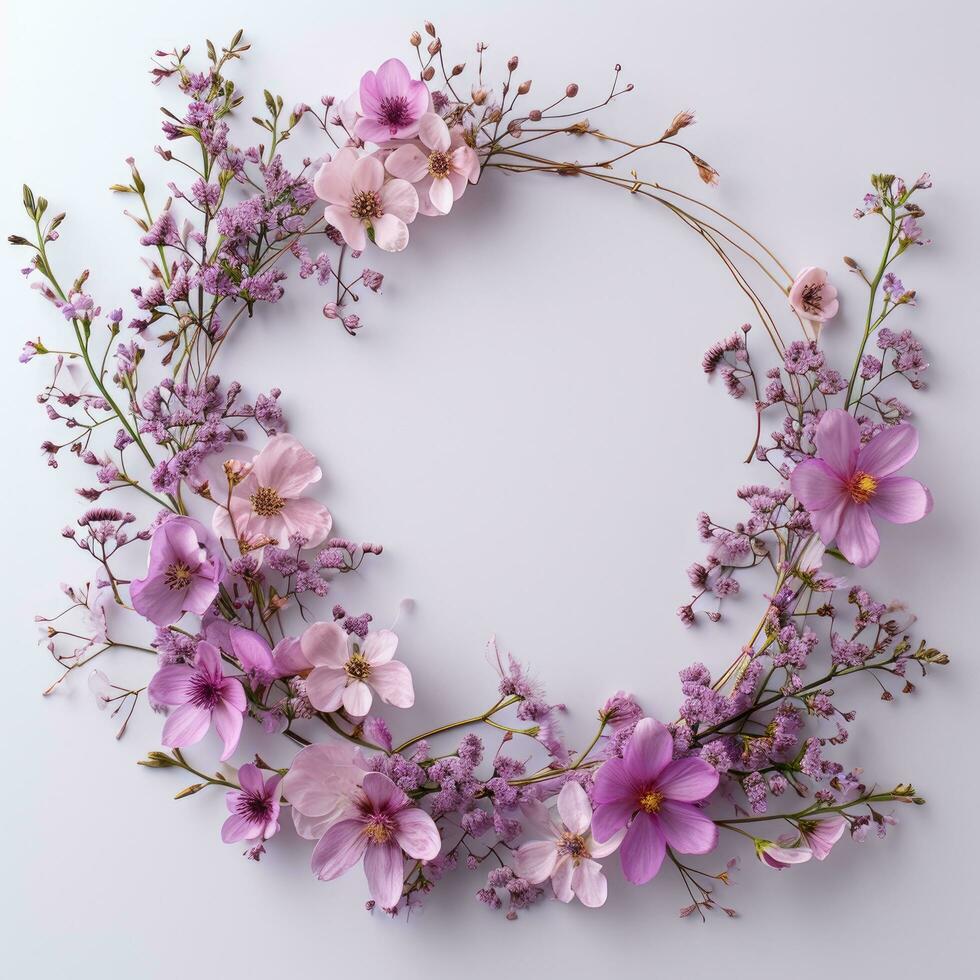 ai generiert ein Rosa Blume Rahmen auf Weiß Hintergrund mit Blumen- Design foto