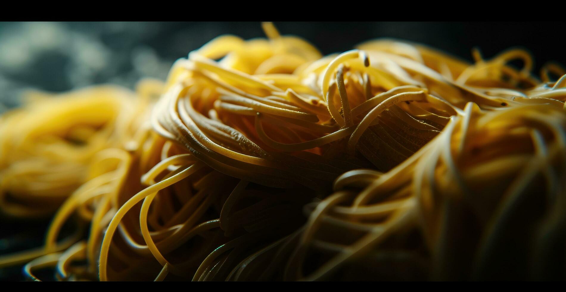 ai generiert schließen oben und schließen oben Schuss von Spaghetti auf dunkel schwarz Boden foto