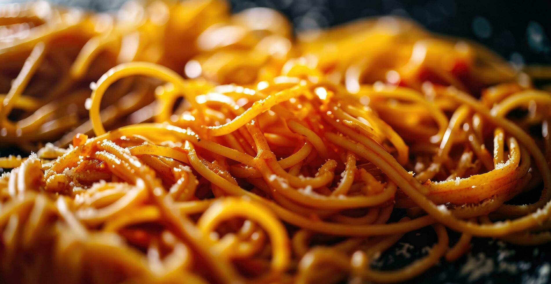 ai generiert schließen oben und schließen oben Schuss von Spaghetti auf dunkel schwarz Boden foto