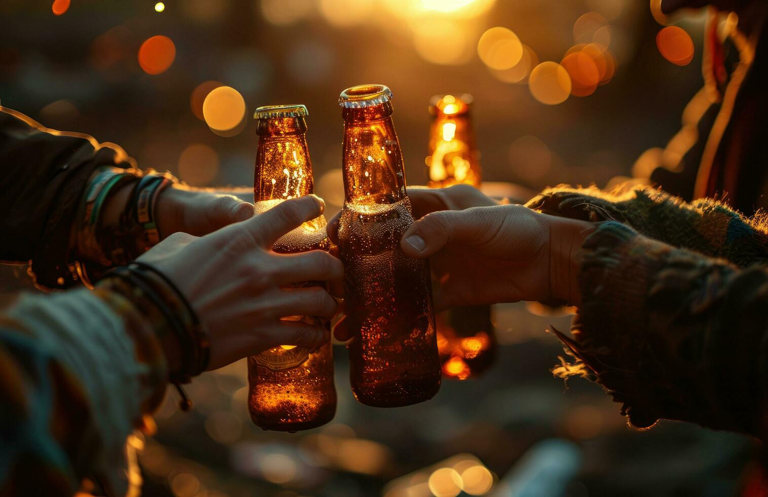 ai generiert freunde Toasten einer Ein weiterer mit Bier Flaschen foto