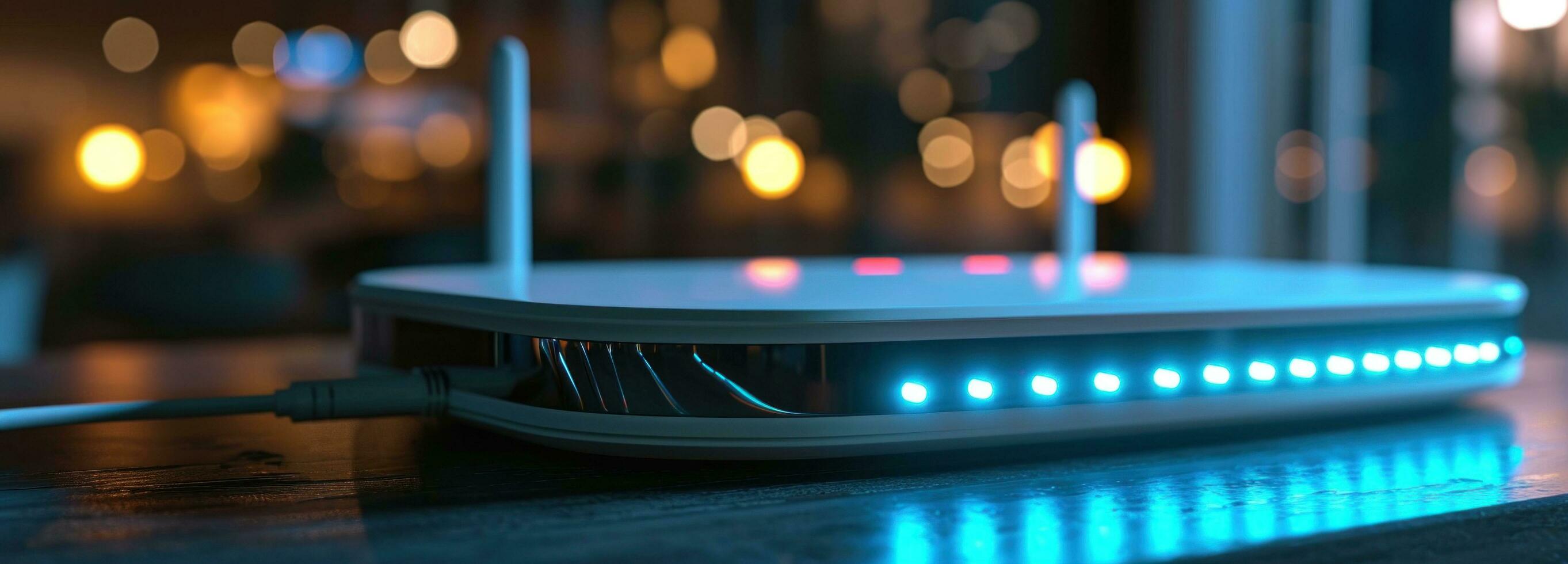 ai generiert das W-lan Router mit Blau Beleuchtung und Clever Technologie foto