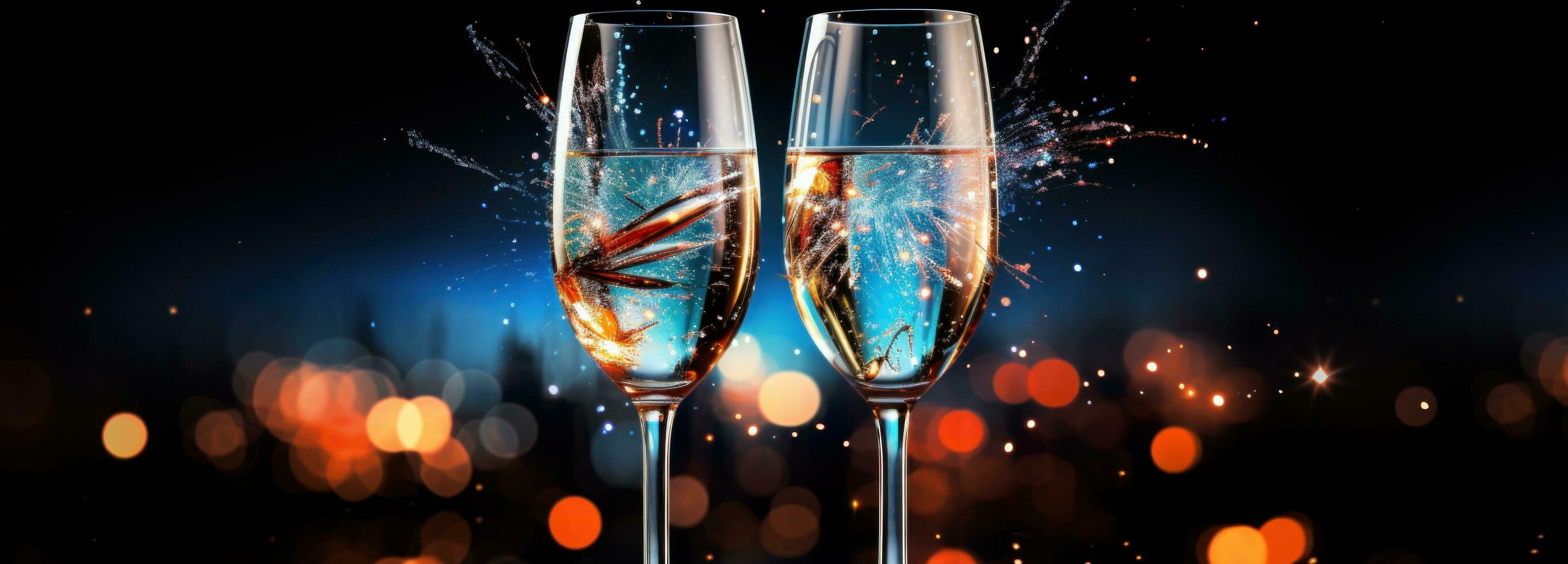 ai generiert zwei Weiß Champagner Brille mit Feuerwerk im ein Hintergrund foto