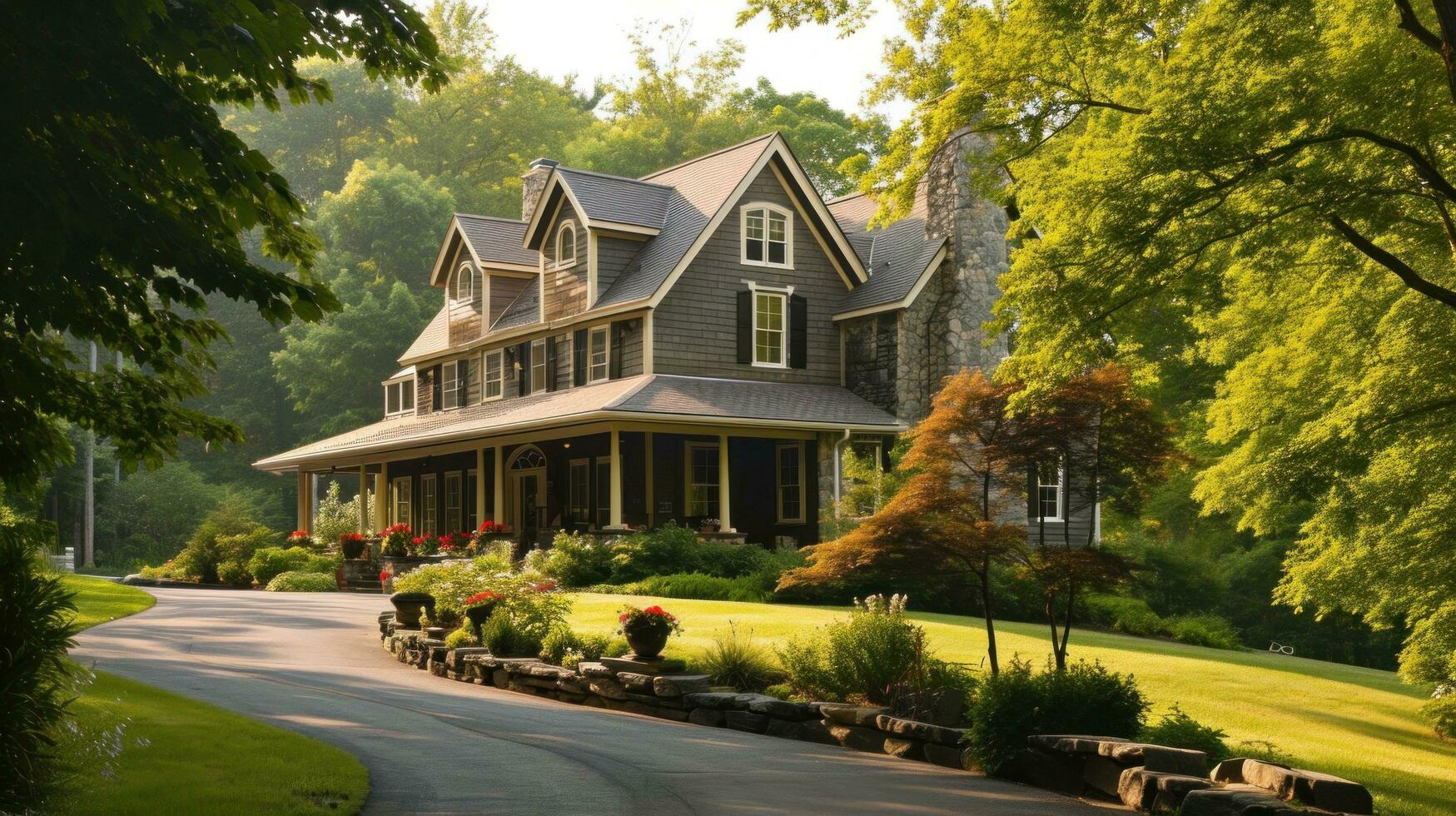 ai generiert Haus im das Land im modern Land Nachlass beim tief Haus zum Verkauf foto