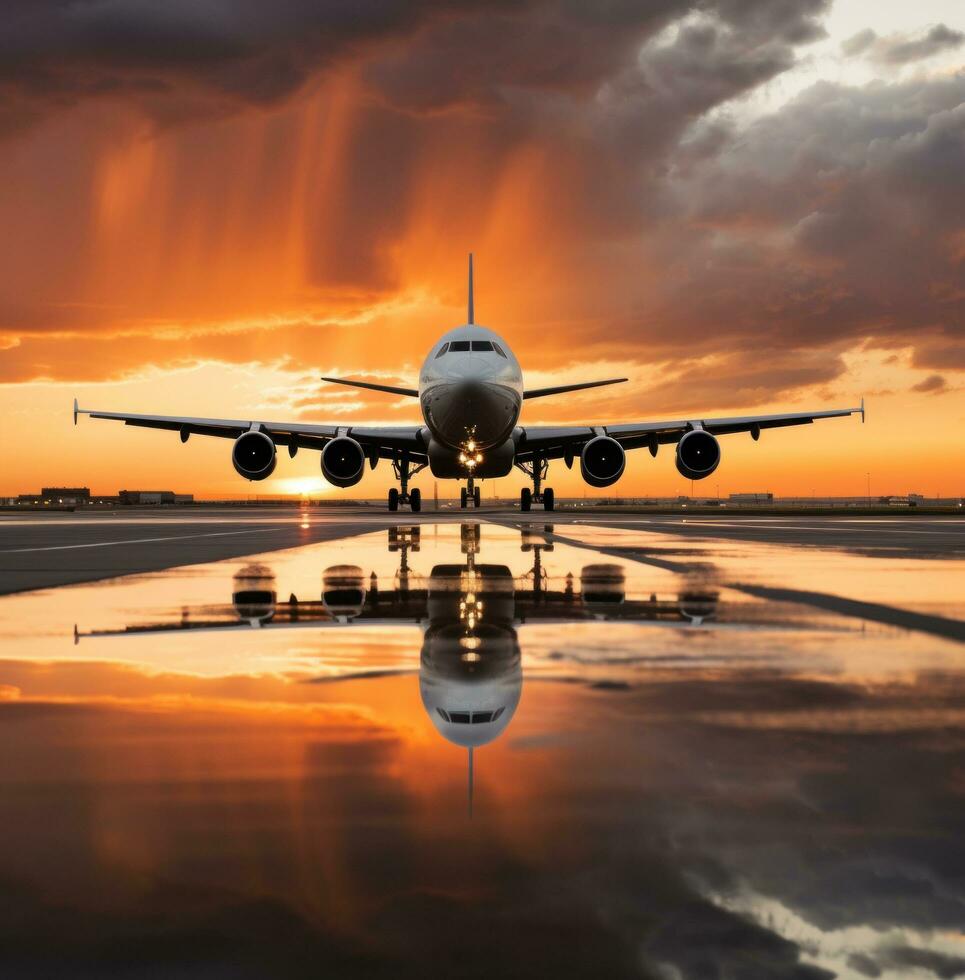 ai generiert groß Jet Landung beim ein Runway im ein Himmel Das ist gefüllt mit Weiß Wolken mit ein Orange Sonnenuntergang hinter es foto