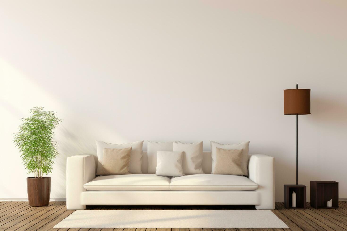 ai generiert ein Weiß Couch, Lampen, und hölzern Fußboden im ein neutral Leben Zimmer foto