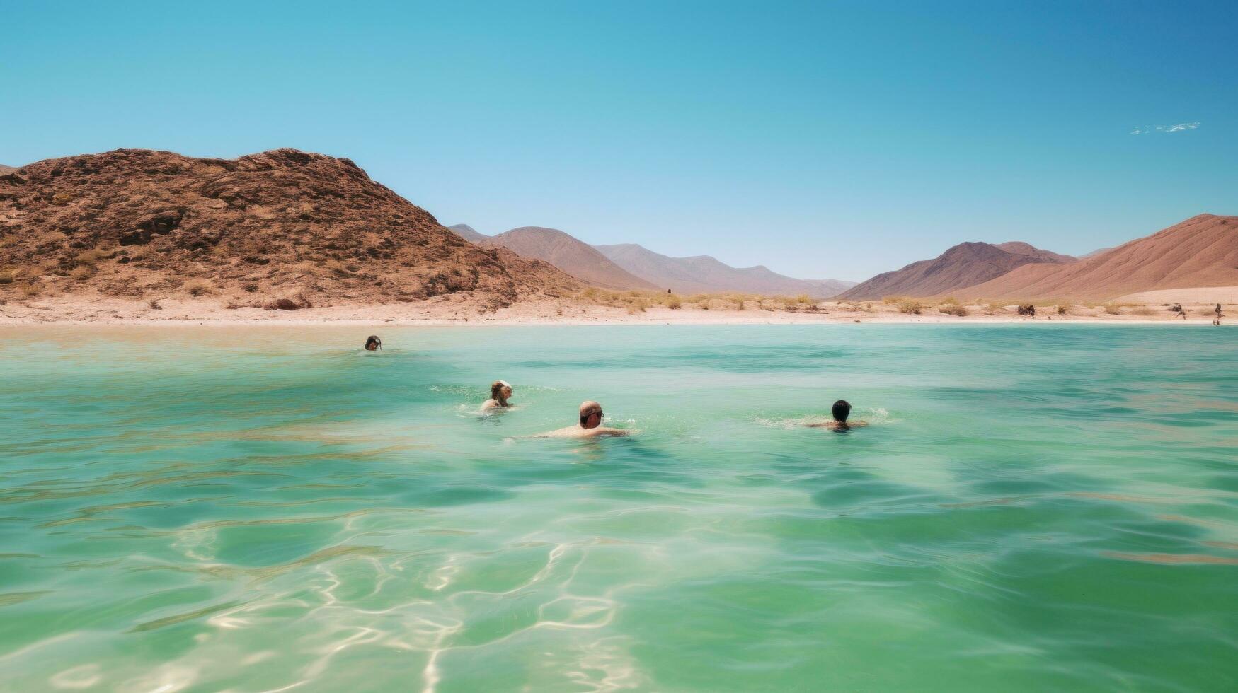 ai generiert Menschen Schwimmen im das klar Blau Wasser von das bosque de Boliva foto