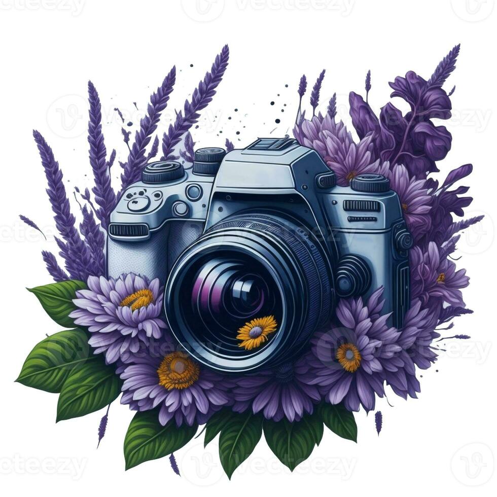 ai generiert slr Kamera im Blumen auf Weiß Hintergrund foto