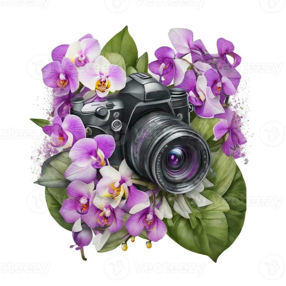 ai generiert slr Kamera im Blumen auf Weiß Hintergrund foto