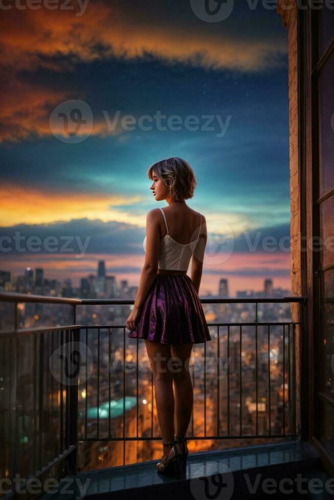 ai generiert nachtaktiv Träumereien, Silhouette von ein Mädchen bewundern das Nacht Stadtbild generativ durch ai foto