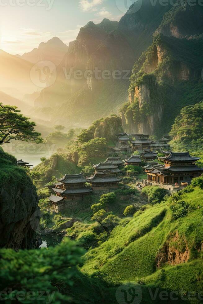 ai generiert majestätisch Sonnenaufgang Über terrassiert Reis Felder eingebettet unter üppig Grün Hügel generiert durch ai foto