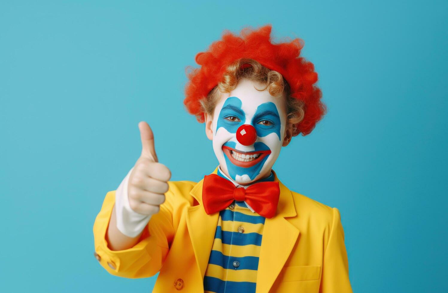 ai generiert jung wenig Clown zeigen Daumen oben im ein bunt Kostüm auf Gelb foto